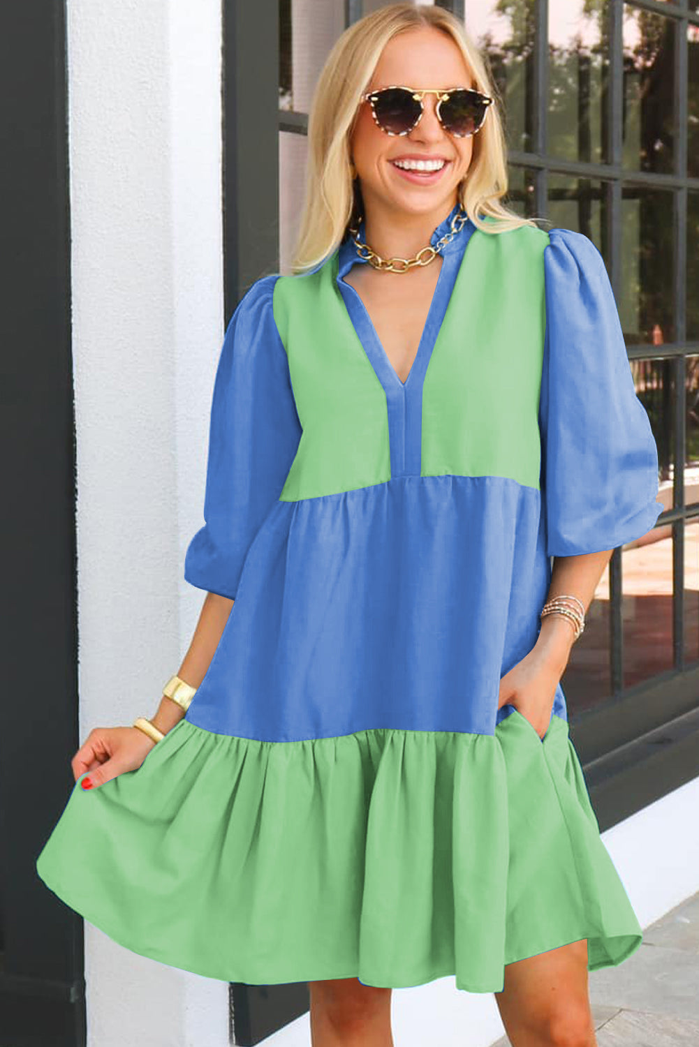 Dark Blue Colorblock Frilled V Neck Puff Half Sleeve Shift Dress-Short Dresses-[Adult]-[Female]-2022 Online Blue Zone Planet