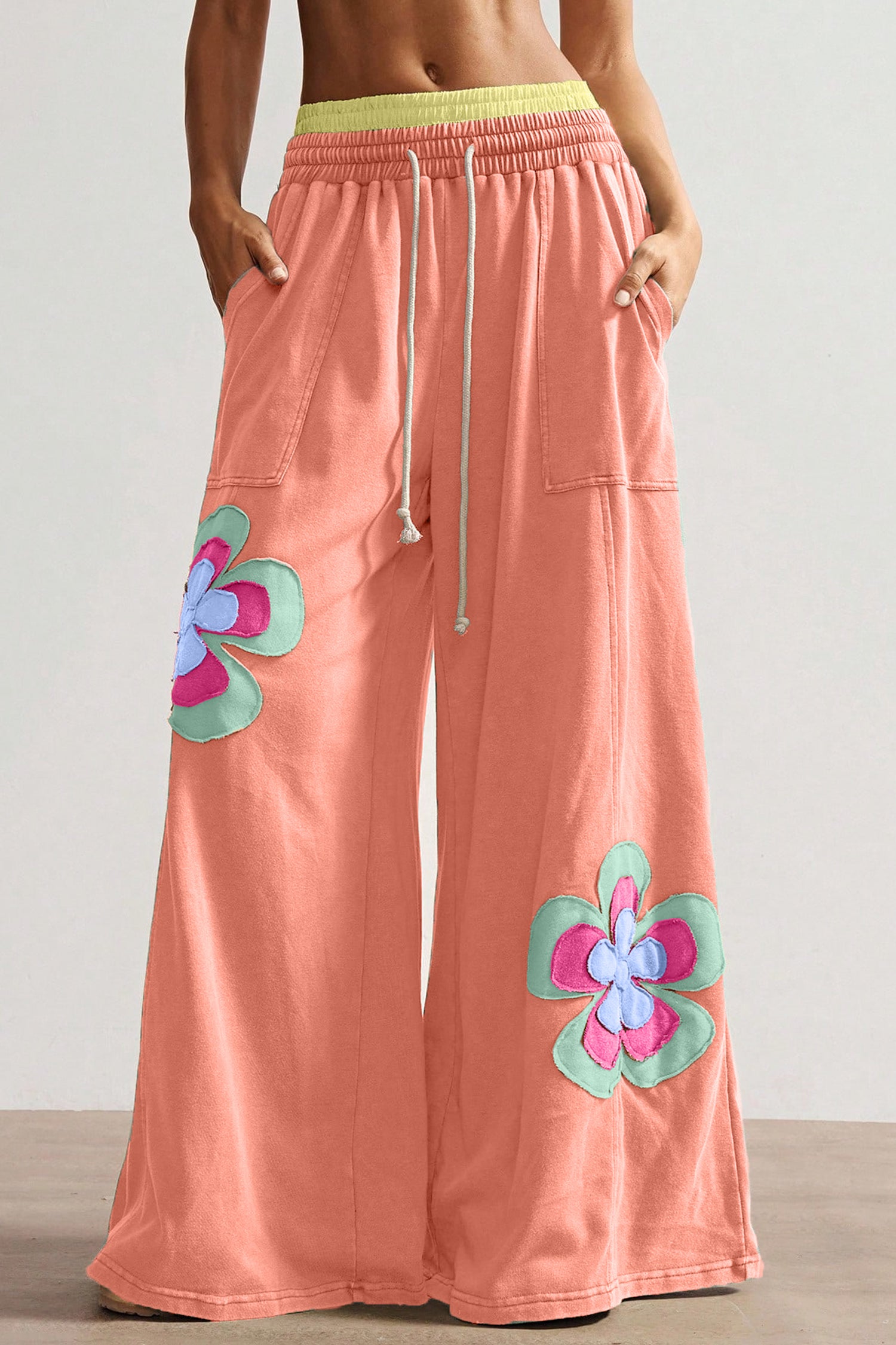 Grapefruit Orange Color Block Flower Patchwork Drawstring Contrasted Elastic Waist Wide Leg Pants-Bottoms/Pants & Culotte-[Adult]-[Female]-Grapefruit Orange-S-2022 Online Blue Zone Planet