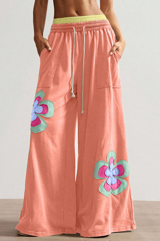Grapefruit Orange Color Block Flower Patchwork Drawstring Contrasted Elastic Waist Wide Leg Pants-Bottoms/Pants & Culotte-[Adult]-[Female]-Grapefruit Orange-S-2022 Online Blue Zone Planet
