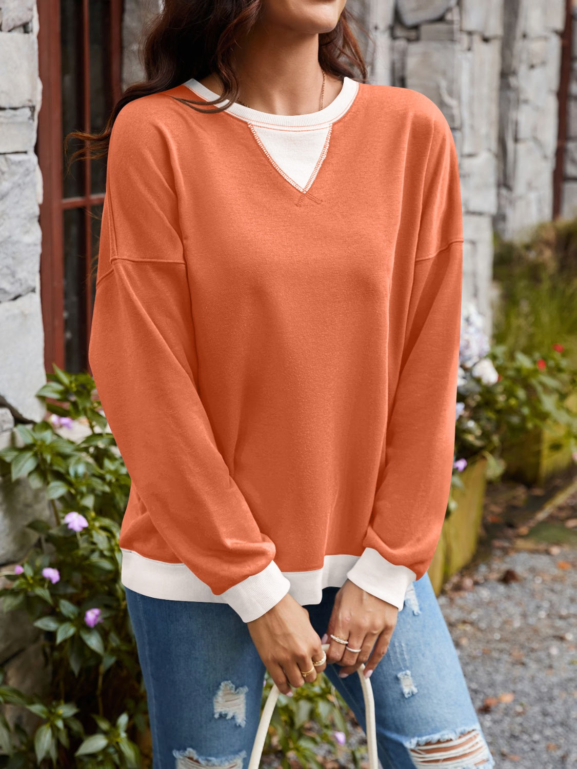 Blue Zone Planet | Lovelet Contrast Round Neck Long Sleeve Sweatshirt-TOPS / DRESSES-[Adult]-[Female]-Burnt Coral-S-2022 Online Blue Zone Planet