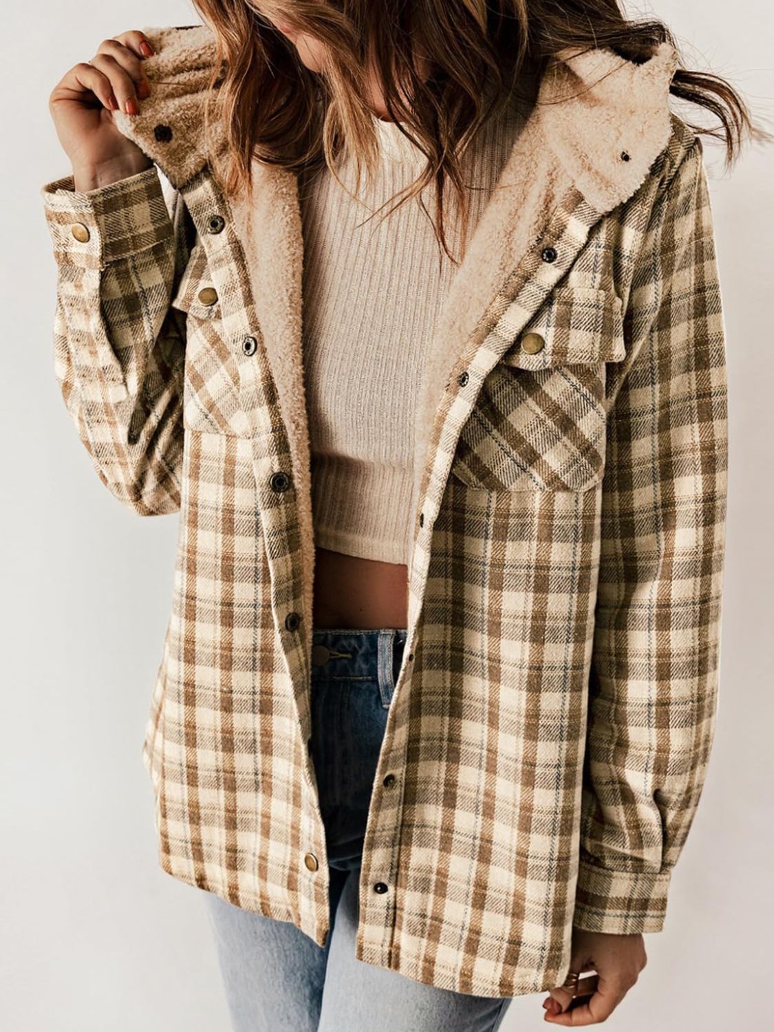 Plaid Snap Down Plush Hooded Jacket-TOPS / DRESSES-[Adult]-[Female]-Tan-S-2022 Online Blue Zone Planet