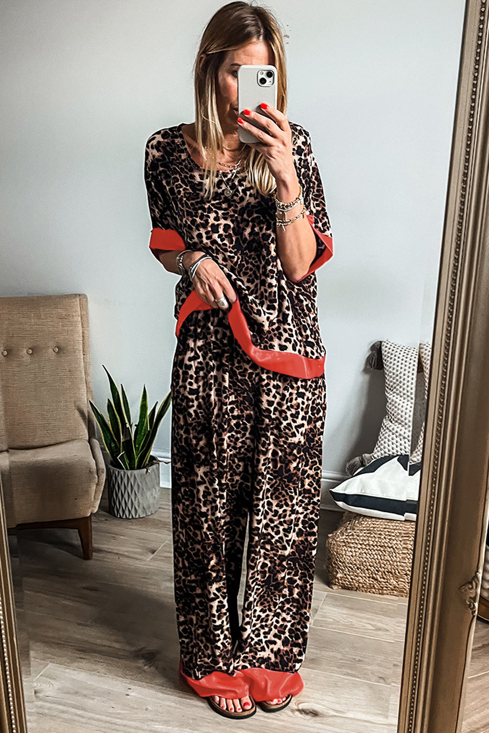 Brown Animal Print Color Contrast Edge Loose Fit Pants Set-Two Piece Sets/Pant Sets-[Adult]-[Female]-2022 Online Blue Zone Planet