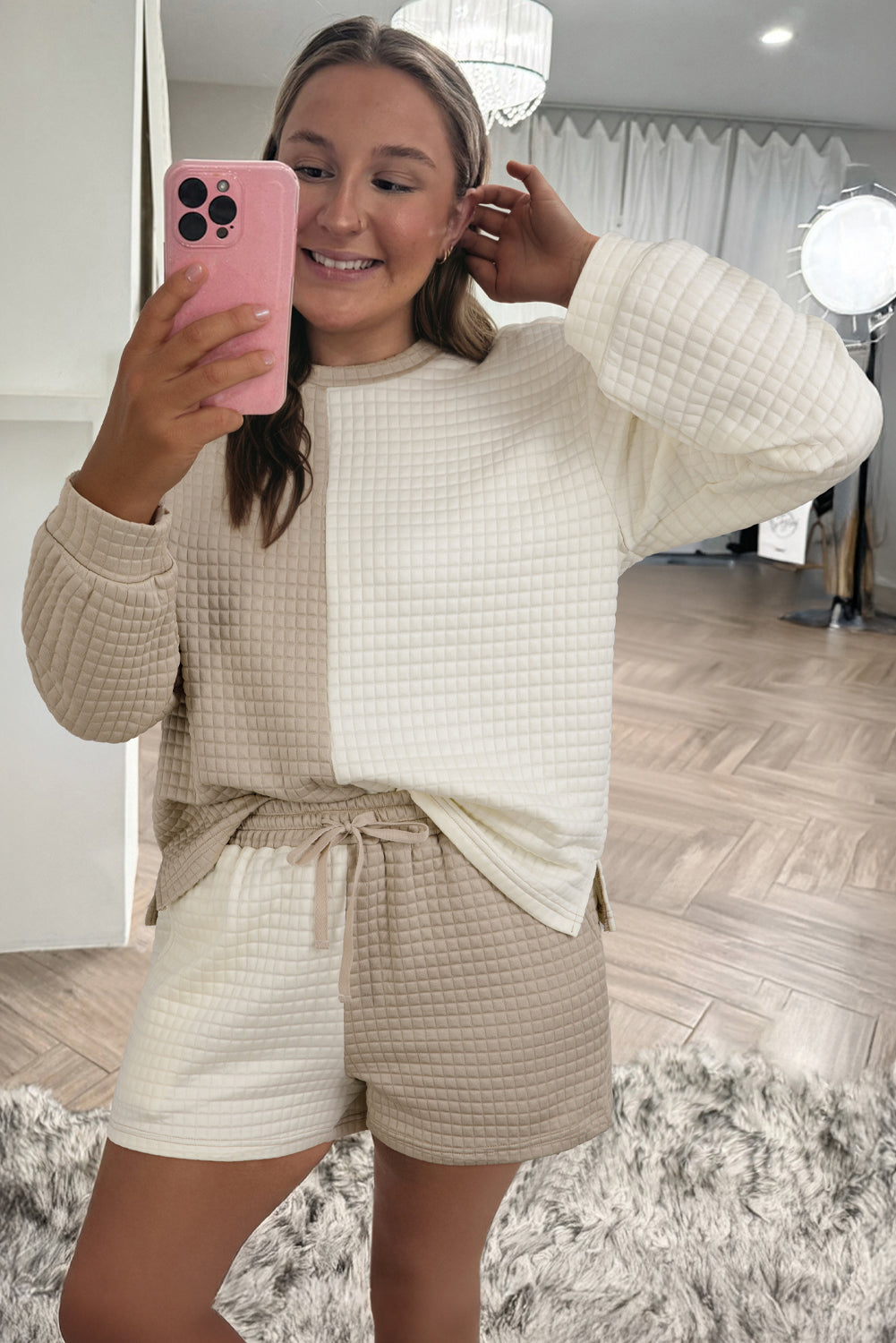 Khaki Color Block Patchwork Textured Long Sleeve Top 2pcs Short Set-Two Piece Sets/Short Sets-[Adult]-[Female]-2022 Online Blue Zone Planet