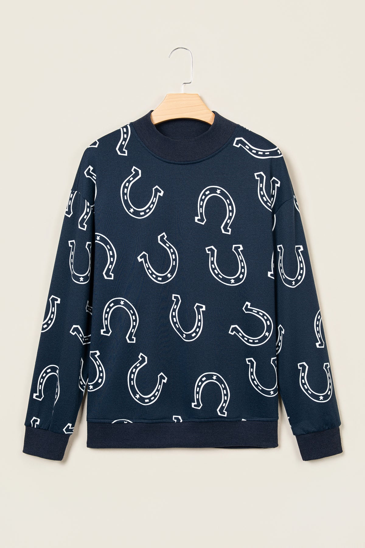 Blue Western Horseshoe Print Mock Neck Casual Pullover Sweatshirt-Tops/Sweatshirts & Hoodies-[Adult]-[Female]-2022 Online Blue Zone Planet