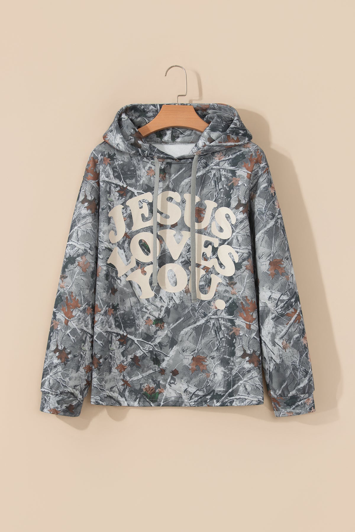 Beige Woodland Camouflage Print JESUS LOVES YOU Tunic Hoodie-Tops / Dresses-[Adult]-[Female]-2022 Online Blue Zone Planet