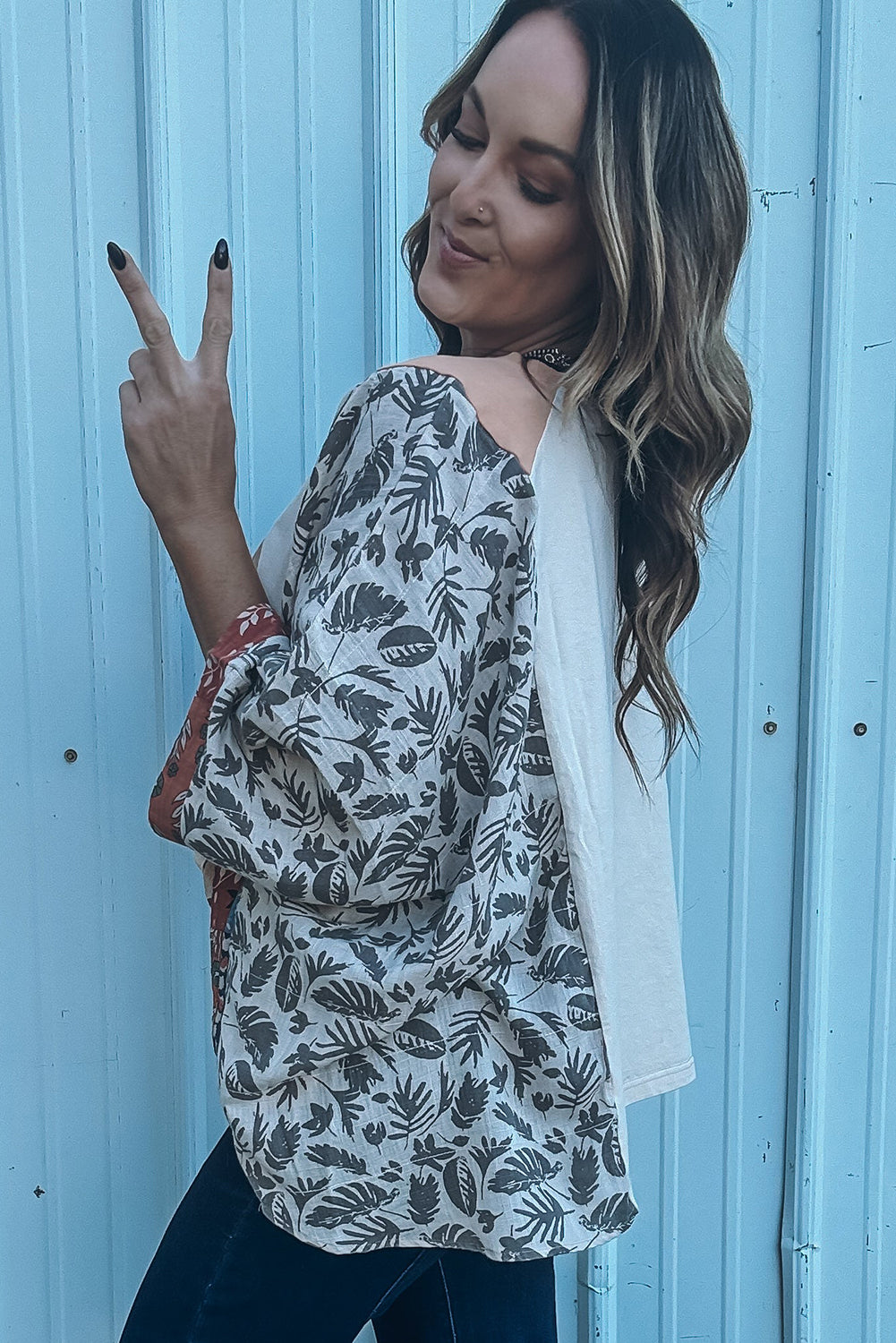 Multicolour Asymmetric Printed Patchwork Sleeve Peace Desert Graphic Top-Graphic/Graphic Long Sleeve Tees-[Adult]-[Female]-2022 Online Blue Zone Planet
