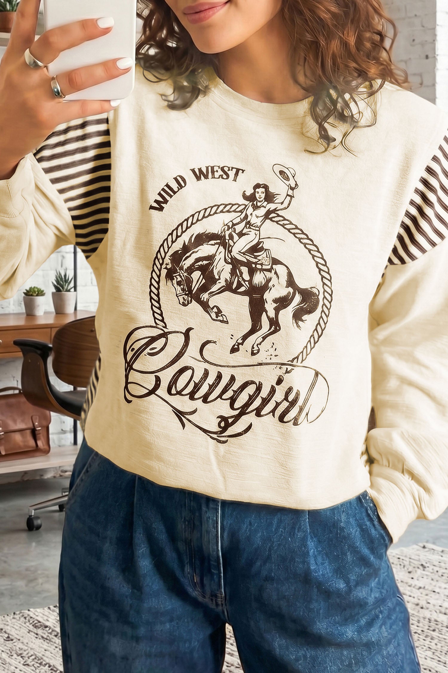 Jet Stream Western Print Striped Detail Long Sleeve Casual Top-Tops/Long Sleeve Tops-[Adult]-[Female]-Jet Stream-S-2022 Online Blue Zone Planet
