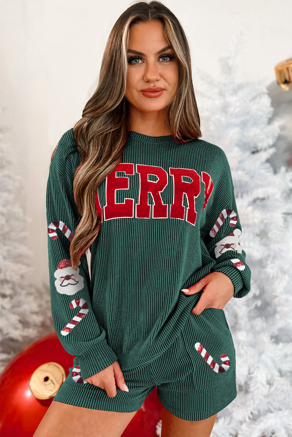 Blue Zone Planet | Evergreen MERRY Letter And Sequin Graphic Corded Christmas Shorts Set-Graphic Apparel-[Adult]-[Female]-2022 Online Blue Zone Planet