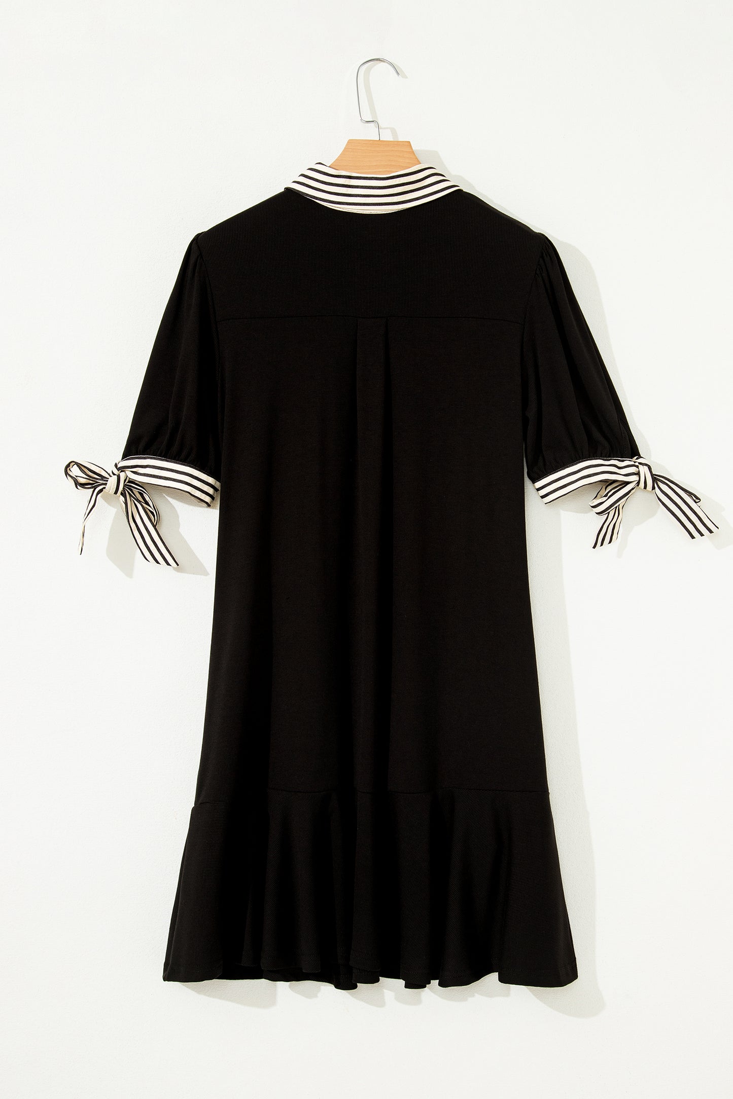 Black Stripe Detail Polo Collar Half Buttons Tied Short Sleeve Shift Mini Dress-TOPS / DRESSES-[Adult]-[Female]-2022 Online Blue Zone Planet