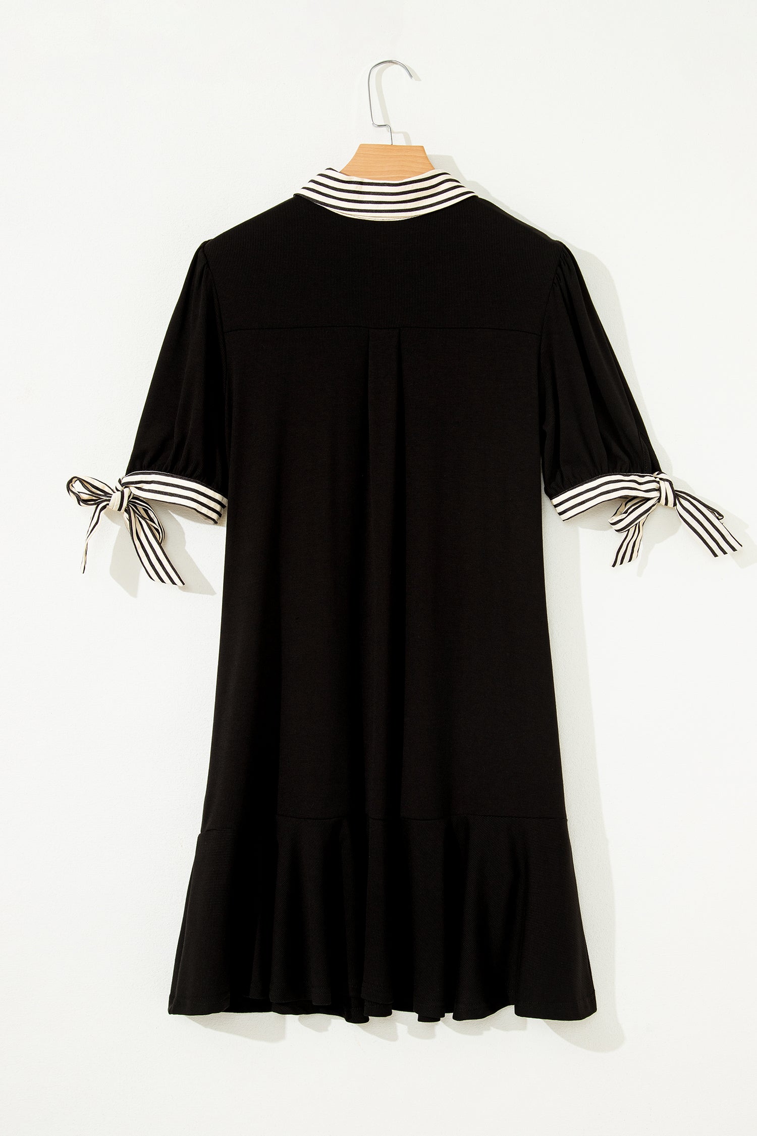 Black Stripe Detail Polo Collar Half Buttons Tied Short Sleeve Shift Mini Dress-TOPS / DRESSES-[Adult]-[Female]-2022 Online Blue Zone Planet