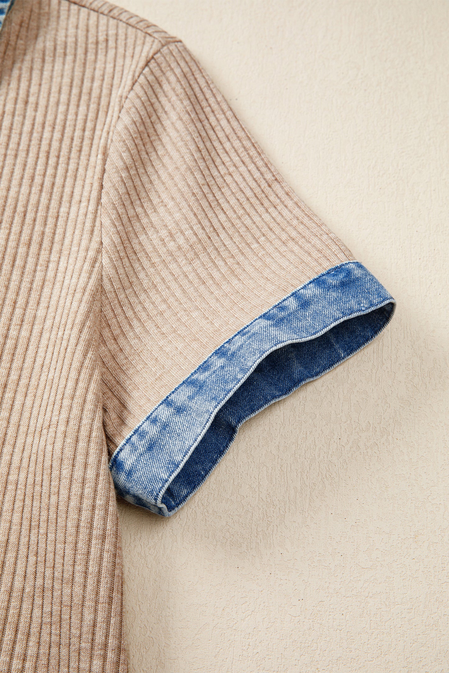 Beige Ribbed Knit Denim Color Block Patchwork Button Detail Collared Blouse-Tops/Blouses & Shirts-[Adult]-[Female]-2022 Online Blue Zone Planet