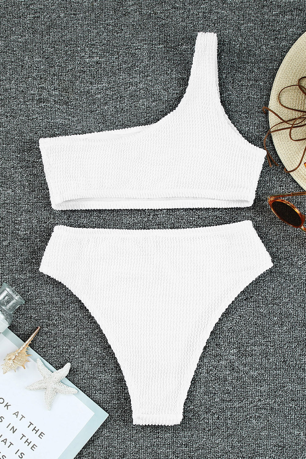 White Crinkle Textured Asymmetric One Shoulder Bikini Swimsuit-TOPS / DRESSES-[Adult]-[Female]-2022 Online Blue Zone Planet