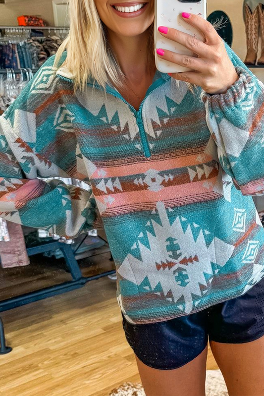 Green Quarter Zip Elastic Cuffs Aztec Sweatshirt-Tops/Sweatshirts & Hoodies-[Adult]-[Female]-2022 Online Blue Zone Planet