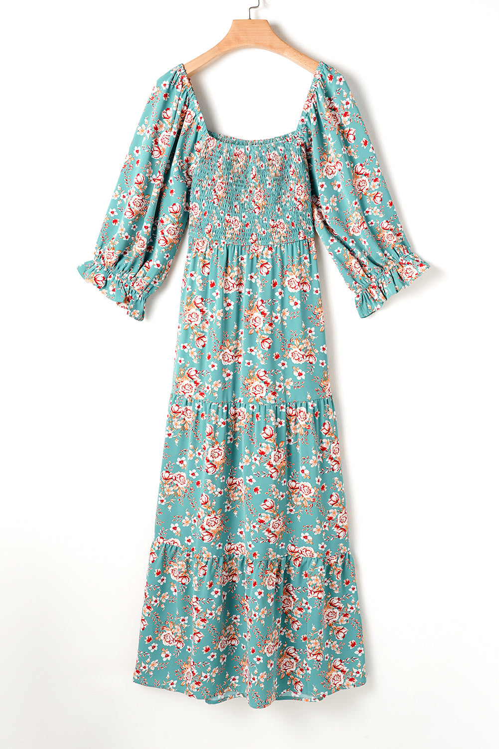 Blue Zone Planet | Green Plus Size Floral Print Square Neck Smocked Maxi Dress-TOPS / DRESSES-[Adult]-[Female]-2022 Online Blue Zone Planet