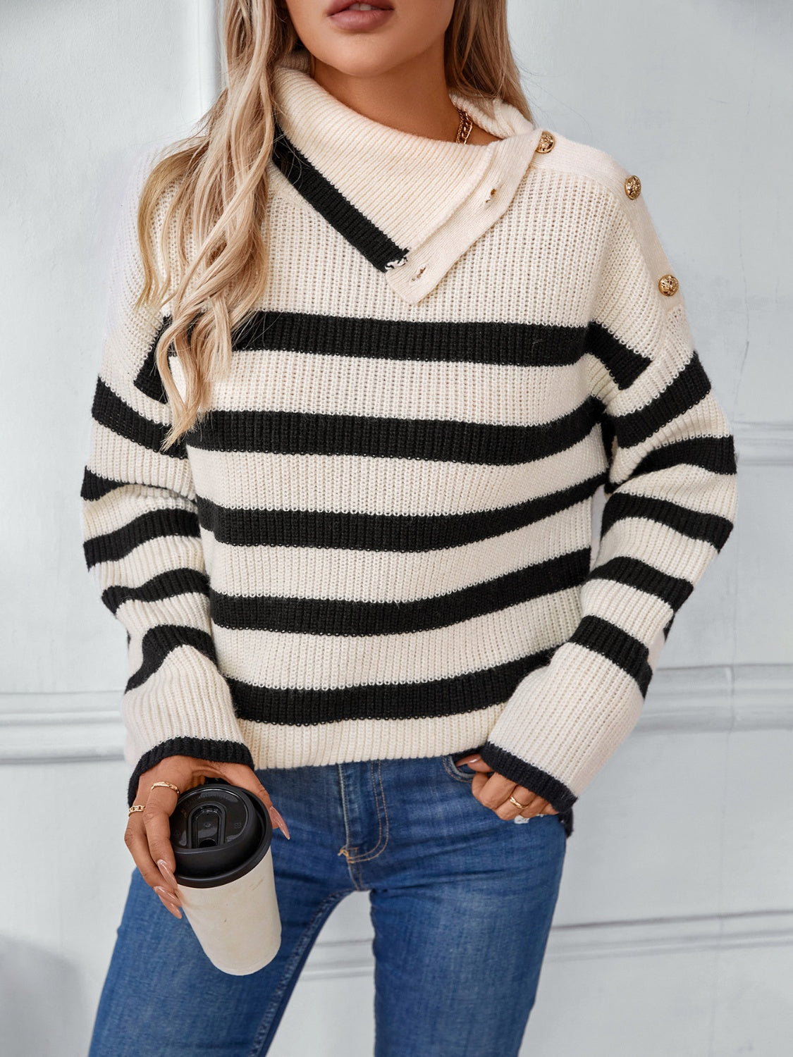 Buttoned Striped Long Sleeve Sweater-TOPS / DRESSES-[Adult]-[Female]-2022 Online Blue Zone Planet