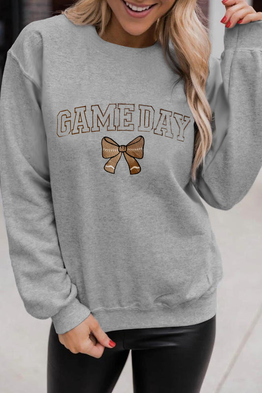 Gray GAME DAY Rugby Bow Embroidered Casual Sweatshirt-Graphic/Graphic Sweatshirts-[Adult]-[Female]-Gray-S-2022 Online Blue Zone Planet