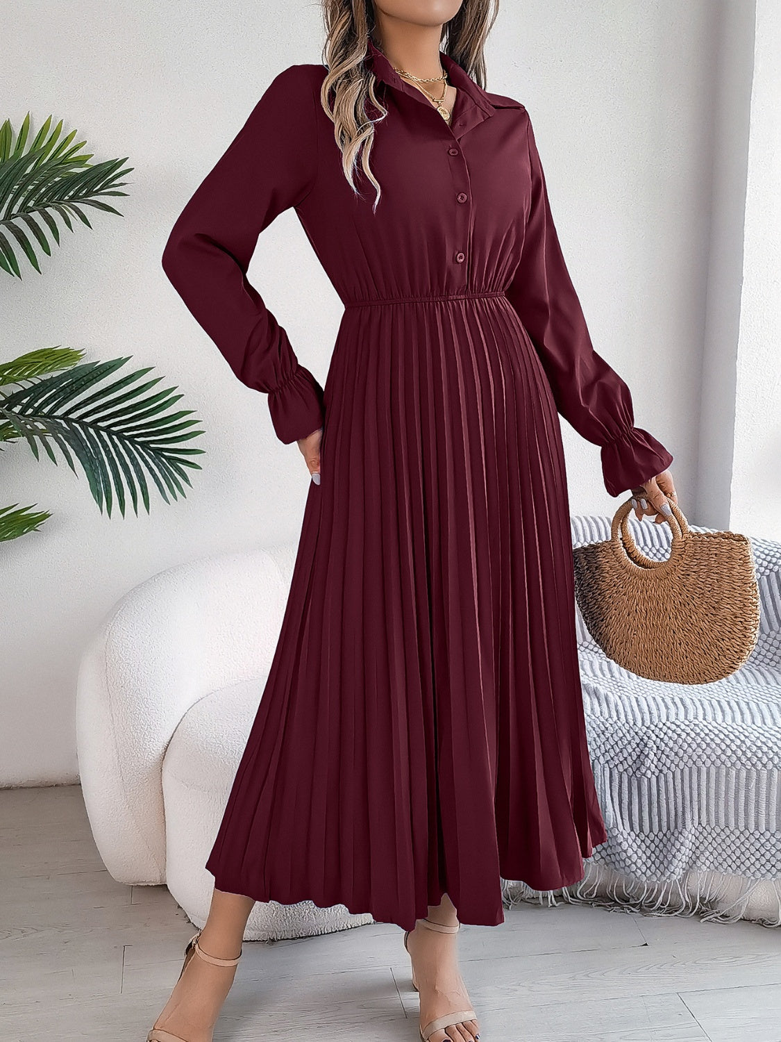 Blue Zone Planet | Pleated Half Button Long Sleeve Midi Dress-TOPS / DRESSES-[Adult]-[Female]-2022 Online Blue Zone Planet