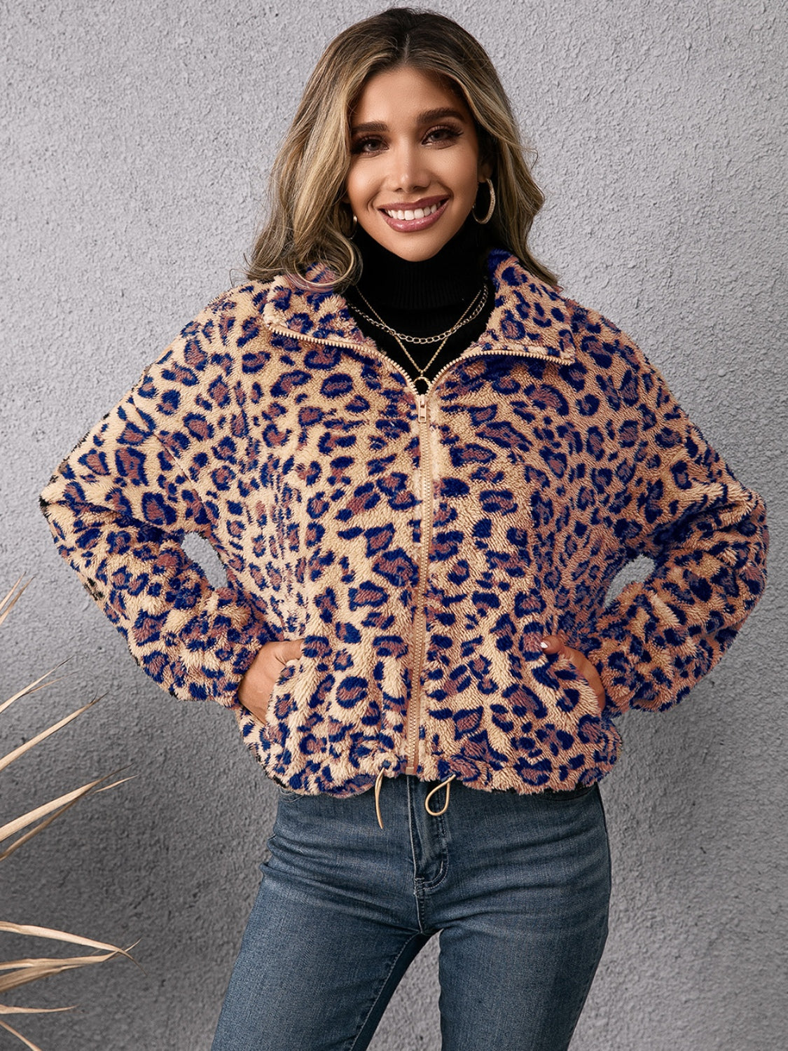 Drawstring Leopard Zip Up Jacket-TOPS / DRESSES-[Adult]-[Female]-2022 Online Blue Zone Planet