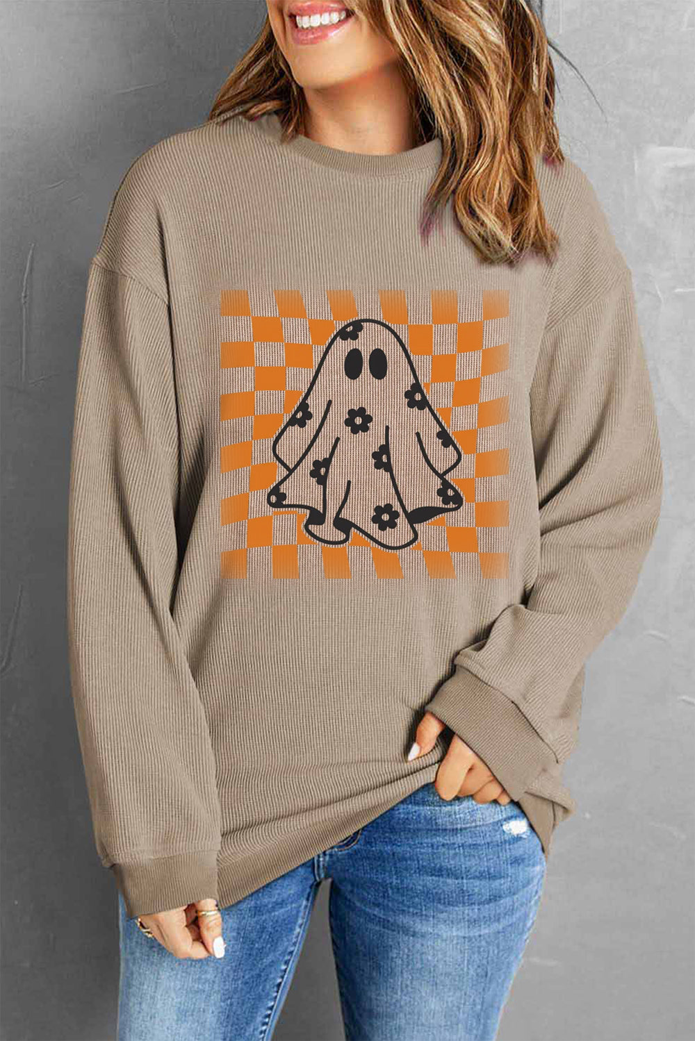 Ghost Round Neck Long Sleeve Sweatshirt-TOPS / DRESSES-[Adult]-[Female]-Mocha-S-2022 Online Blue Zone Planet