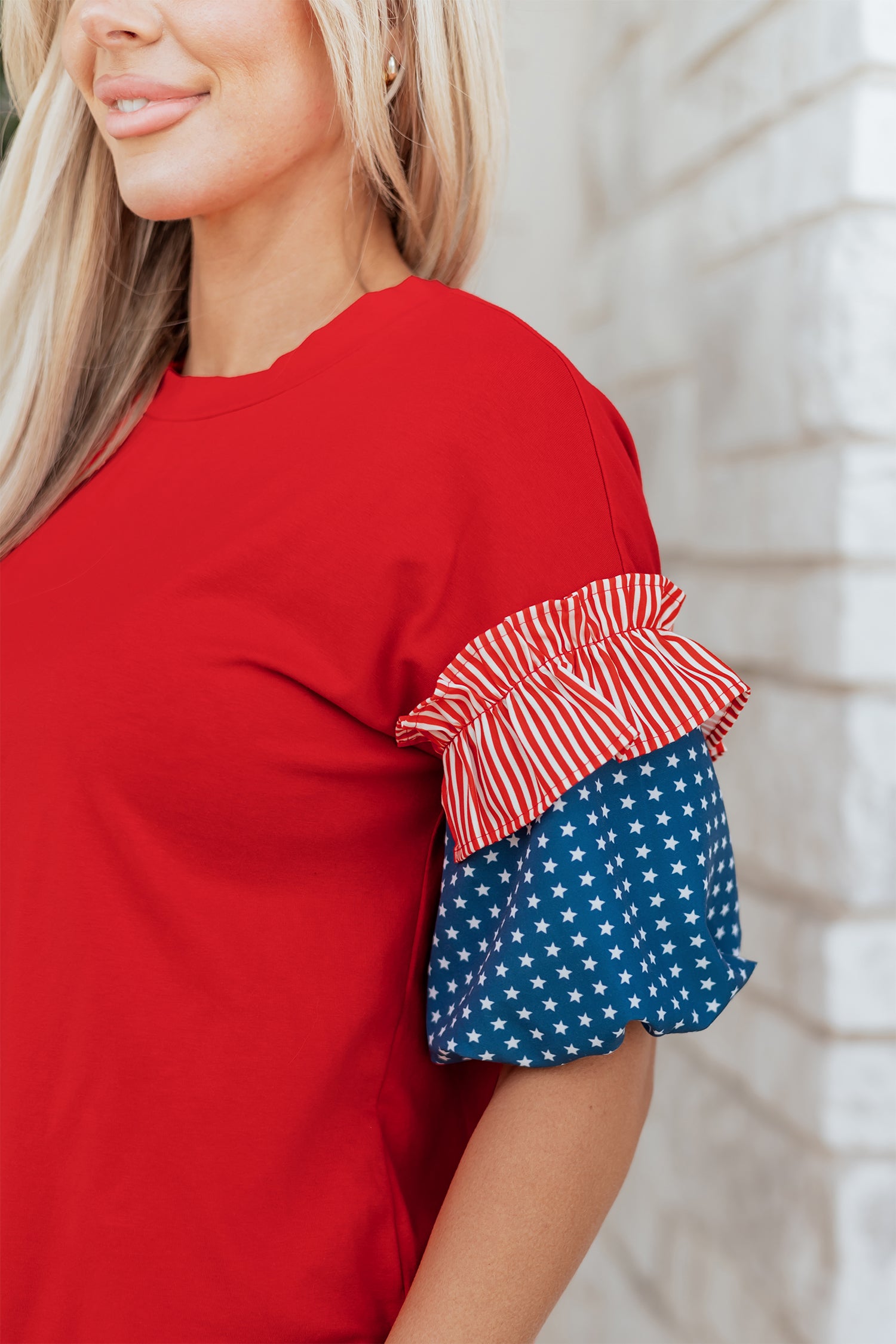 Fiery Red Stars Stripes Short Puff Sleeve Top-Tops/Tops & Tees-[Adult]-[Female]-2022 Online Blue Zone Planet
