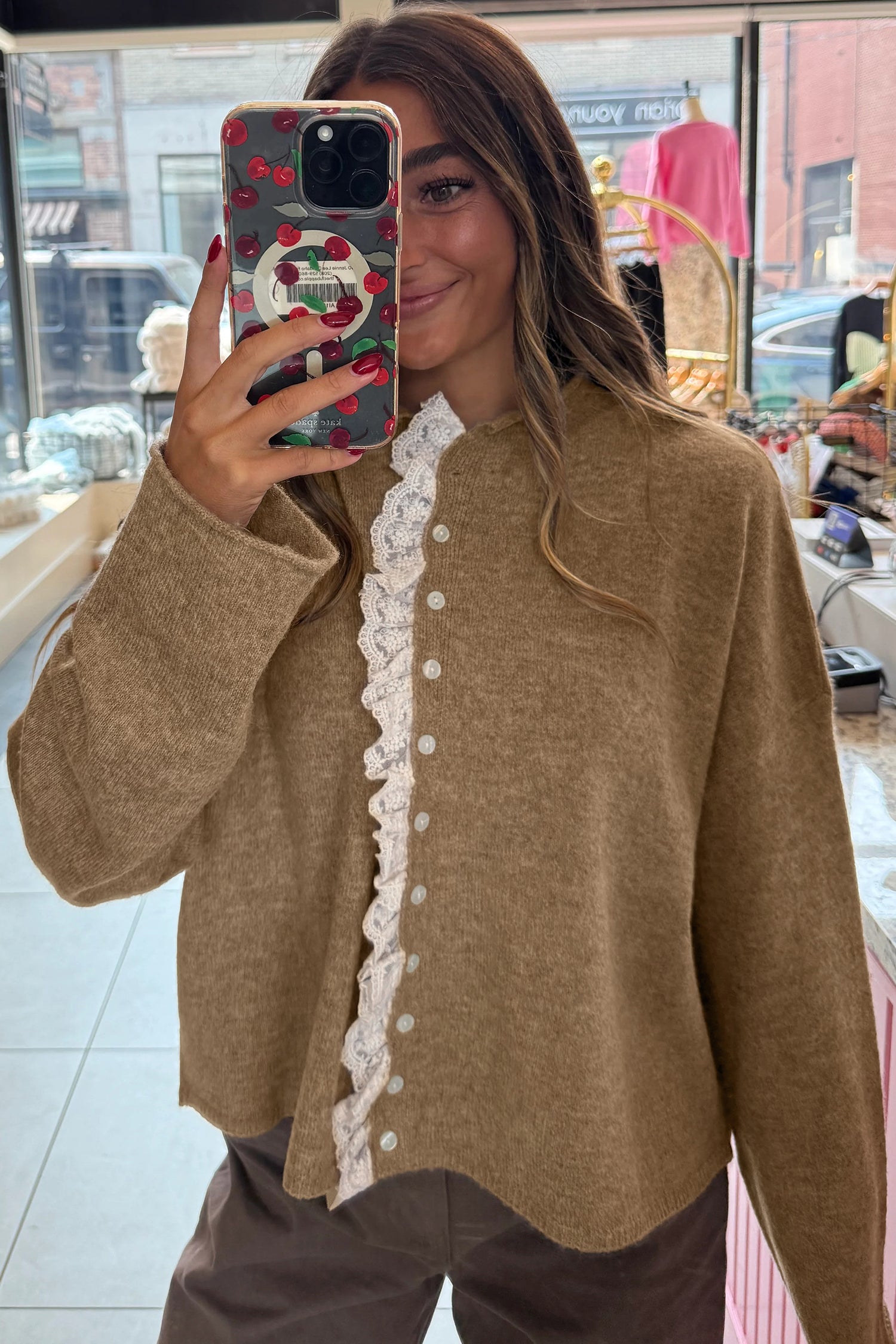 Simply Taupe Contrast Frilled Lace Trim Loose Cardigan Sweater-Sweaters & Cardigans/Cardigans-[Adult]-[Female]-2022 Online Blue Zone Planet