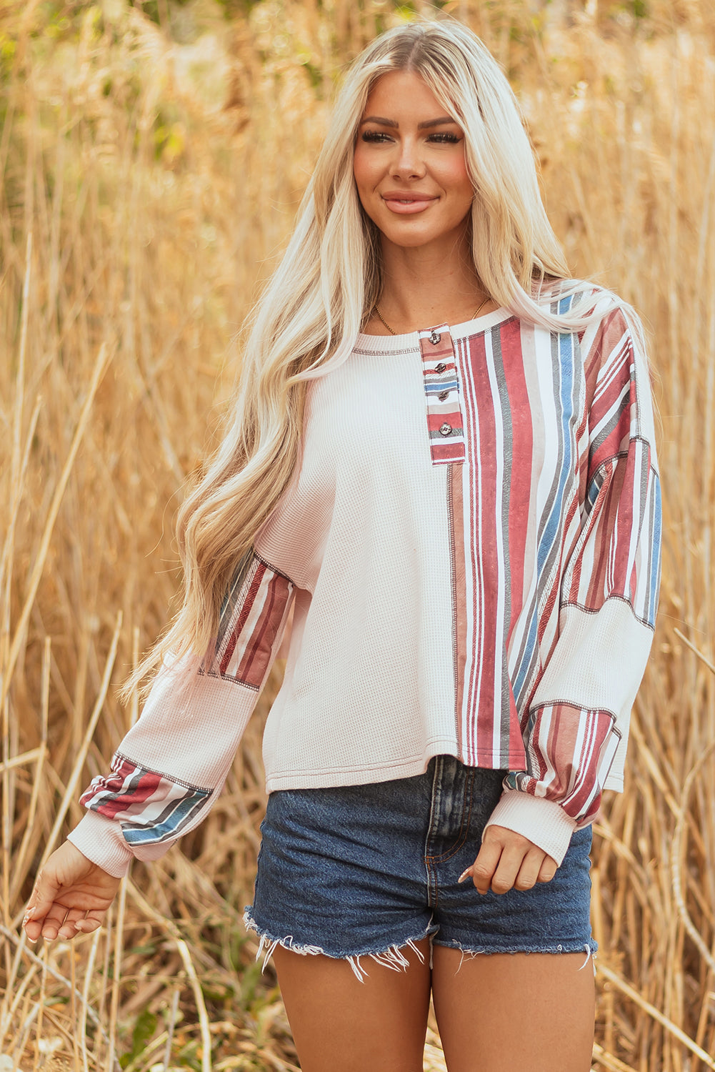 Beige Striped Waffle Patchwork Exposed Seam Raw Edge Casual Knit Top-Tops/Blouses & Shirts-[Adult]-[Female]-2022 Online Blue Zone Planet