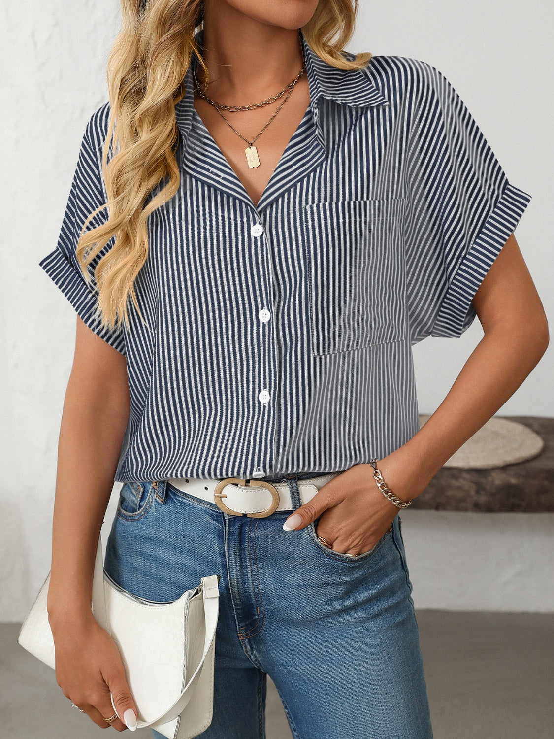 Mandy Pocketed Striped Collared Neck Short Sleeve Shirt-TOPS / DRESSES-[Adult]-[Female]-Dark Navy-S-2022 Online Blue Zone Planet