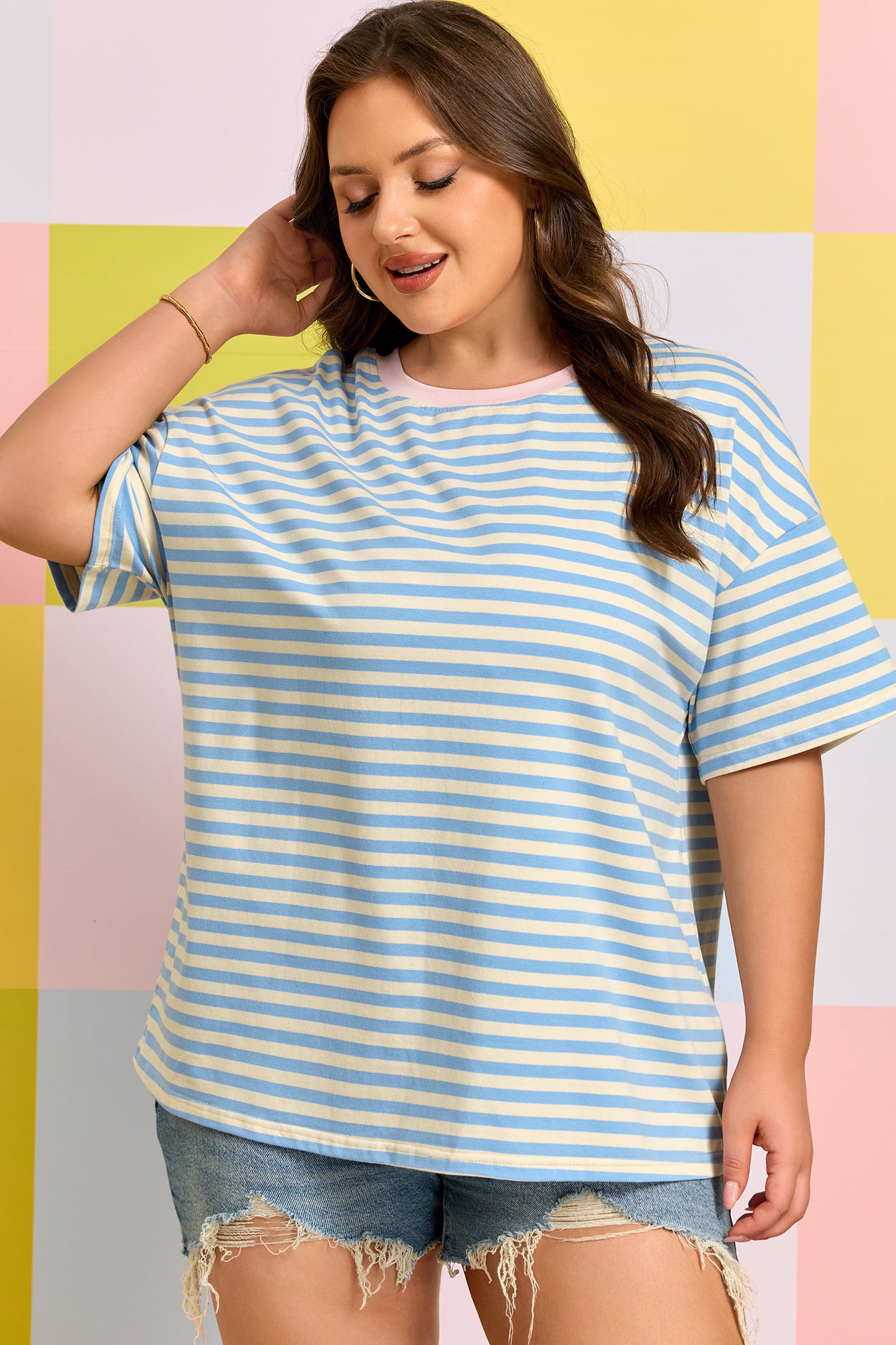 Sky Blue Stripe Plus Size Drop Shoulder Contrast Trim Round Neck Tee-Plus Size/Plus Size Tops/Plus Size Tops & Tees-[Adult]-[Female]-2022 Online Blue Zone Planet
