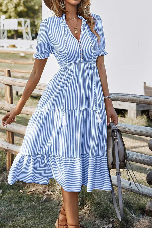 Sky Blue Stripe Button Tassel Tie Detail Frilled Short Sleeve Flared Midi Dress-TOPS / DRESSES-[Adult]-[Female]-Sky Blue Stripe-S-2022 Online Blue Zone Planet