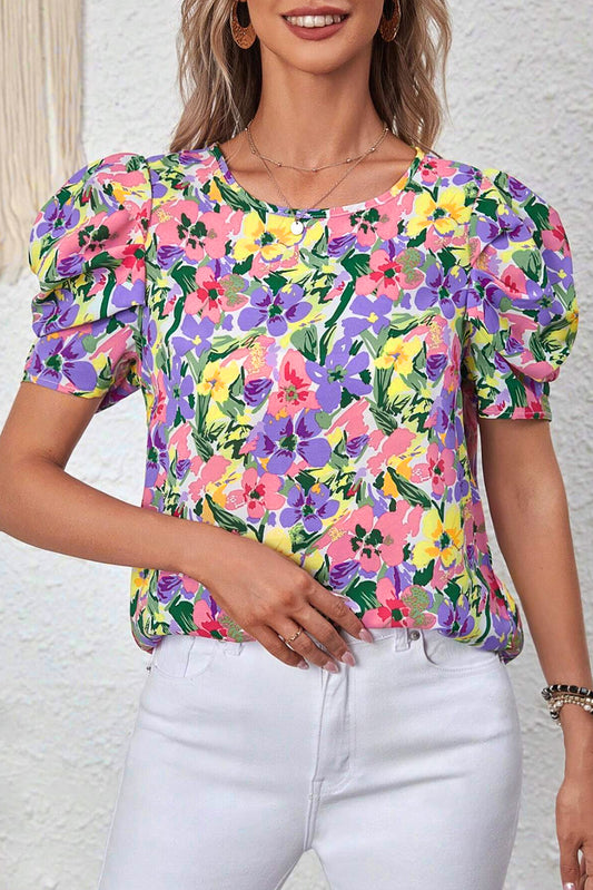 Purple Floral Print Puff Short Sleeve Crew Neck Blouse-Tops/Blouses & Shirts-[Adult]-[Female]-Purple-S-2022 Online Blue Zone Planet