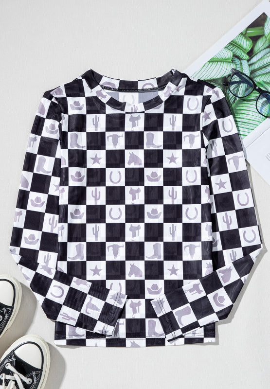 Checkered Mock Neck Long Sleeve Top-TOPS / DRESSES-[Adult]-[Female]-2022 Online Blue Zone Planet