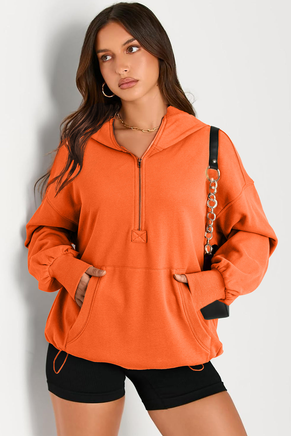 Pocketed Half Zip Long Sleeve Hoodie-HOODIES-[Adult]-[Female]-Orange-S-2022 Online Blue Zone Planet