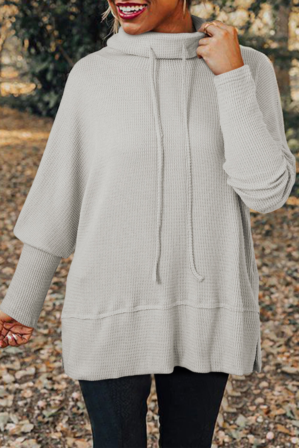 Light Grey Textured Knit Drawstring Cowl Neck Oversize Top With Side Slits-Tops/Long Sleeve Tops-[Adult]-[Female]-Light Grey-S-2022 Online Blue Zone Planet