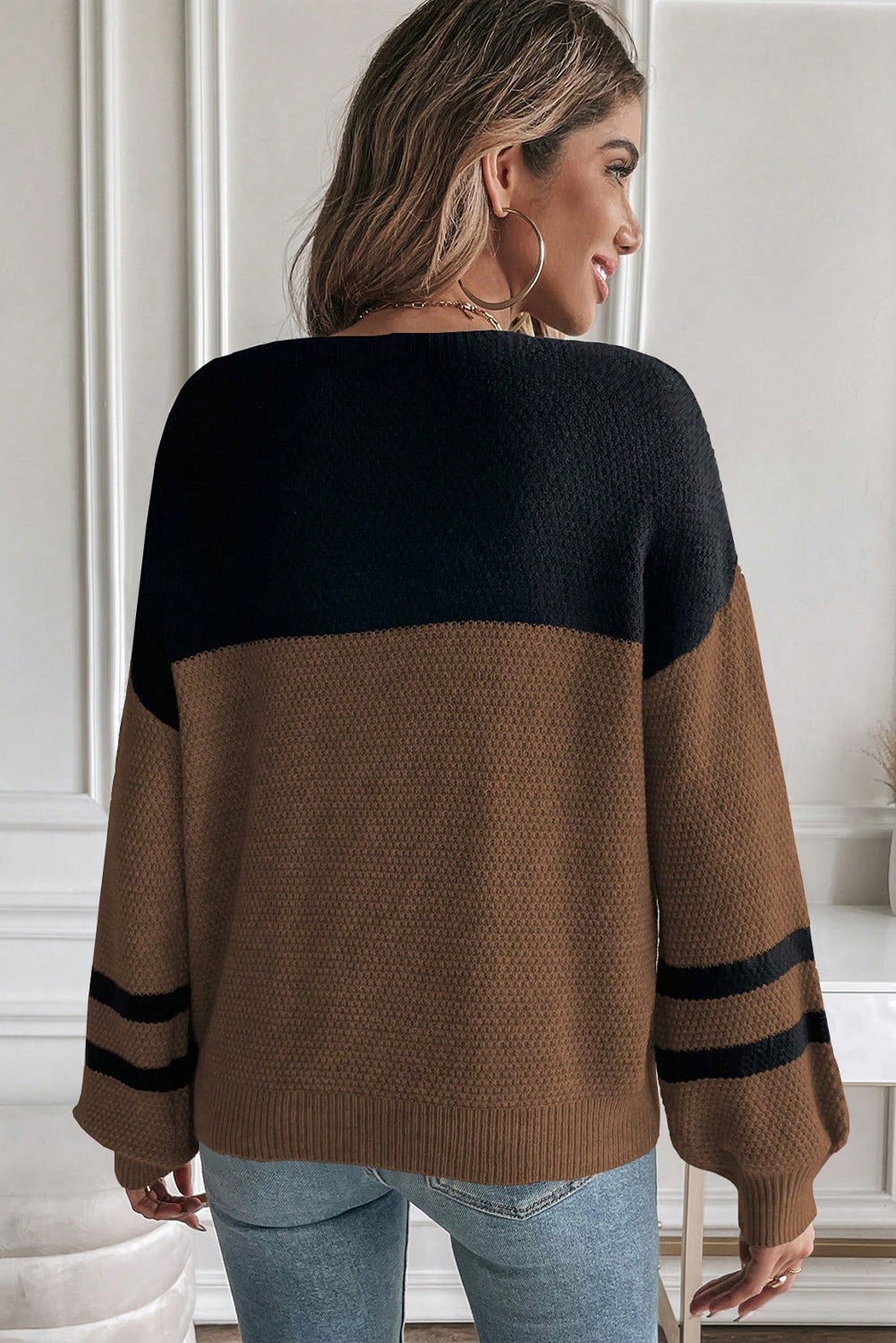 Dark Brown Color Block Knit Striped Sleeve Detail Casual Sweater-Sweaters & Cardigans/Sweaters-[Adult]-[Female]-2022 Online Blue Zone Planet