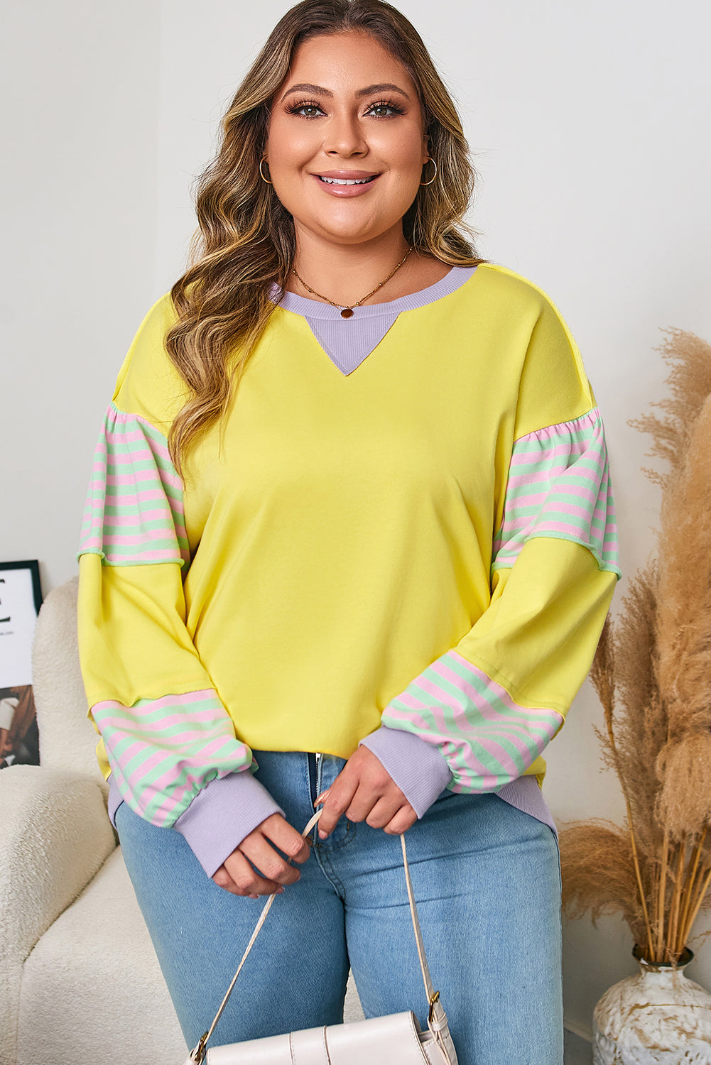 Yellow Striped Color Block Patchwork Crewneck Plus Size Pullover Sweatshirt-Plus Size/Plus Size Sweatshirts & Hoodies-[Adult]-[Female]-2022 Online Blue Zone Planet