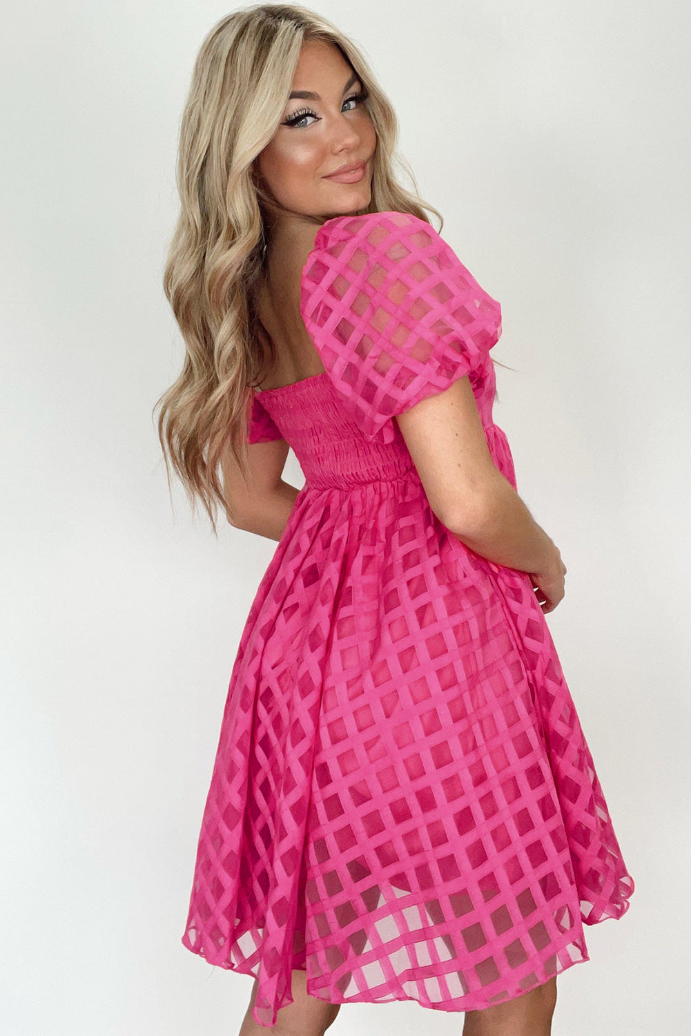 Strawberry Pink Checkered Puff Sleeve Babydoll Dress-TOPS / DRESSES-[Adult]-[Female]-2022 Online Blue Zone Planet