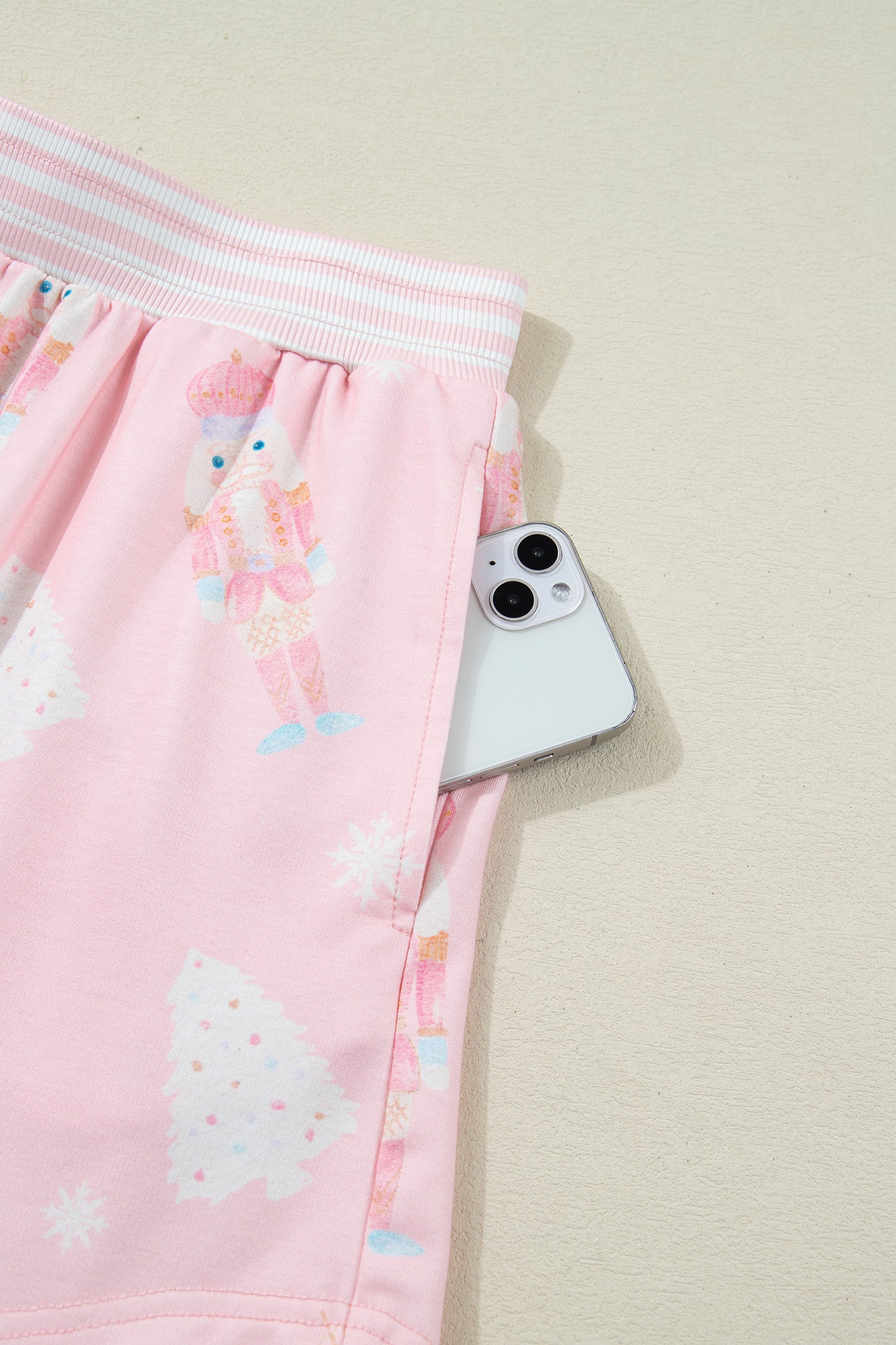 Pink Christmas Tree Nutcracker Doll Print Contrast Trim Long Sleeve Top Matching Shorts Set-Two Piece Sets/Short Sets-[Adult]-[Female]-2022 Online Blue Zone Planet