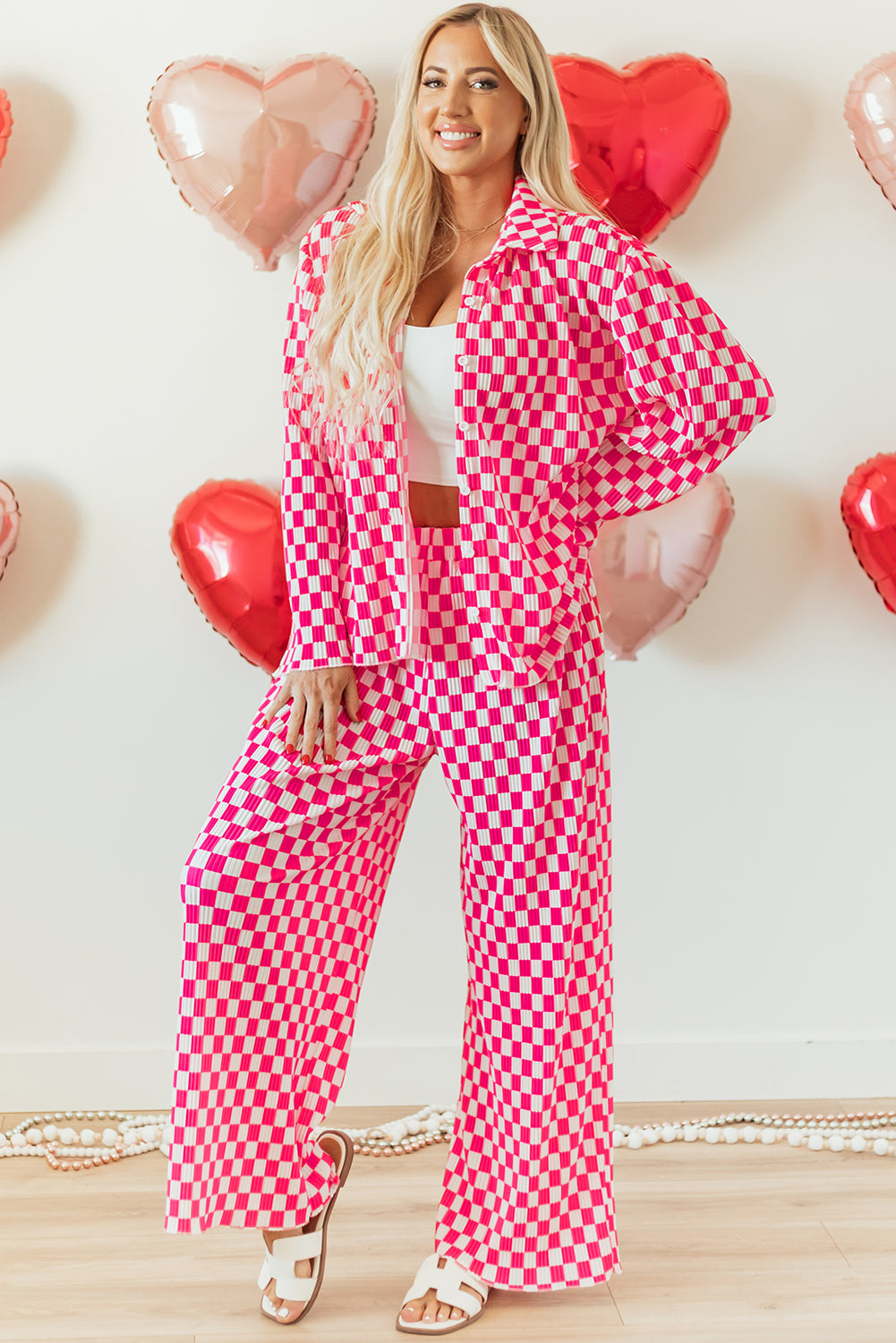 Blue Zone Planet | Pink Checkered Buttoned Shirt and High Waist Pants Pajama Set-TOPS / DRESSES-[Adult]-[Female]-2022 Online Blue Zone Planet