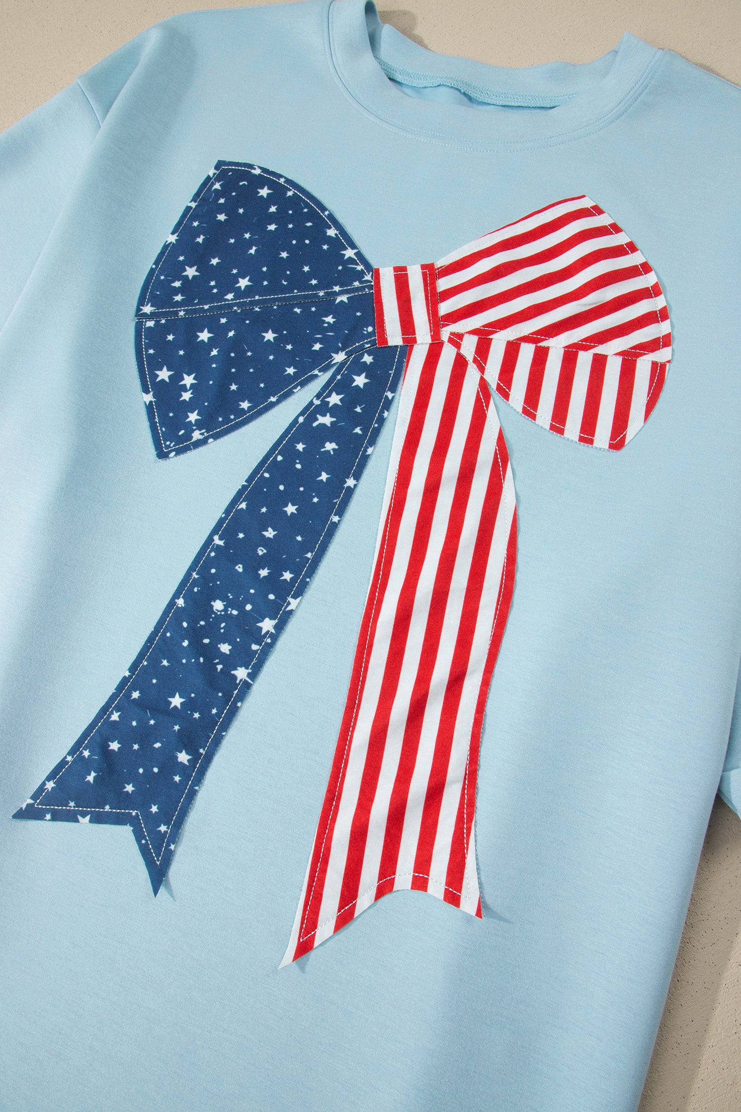 Beau Blue Plus Size Patriotic Bow Patchwork Graphic T-Shirt-Plus Size/Plus Size Tops/Plus Size Tops & Tees-[Adult]-[Female]-2022 Online Blue Zone Planet