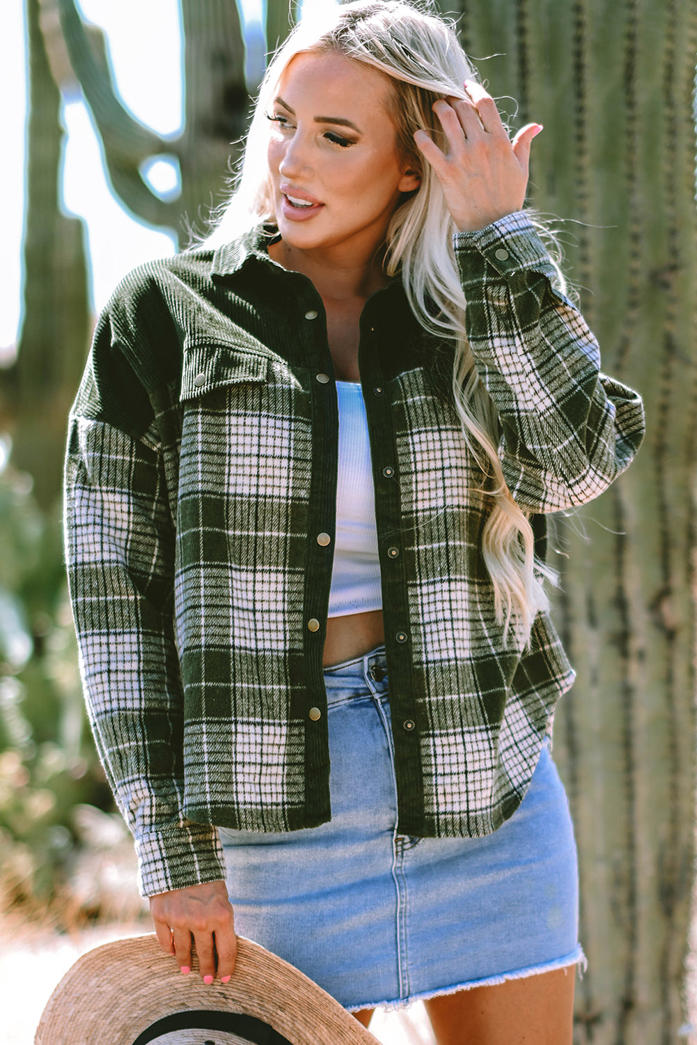 Blackish Green Snap Buttons Colorblock Plaid Shacket-Outerwear/Plaid Shackets-[Adult]-[Female]-Blackish Green-S-2022 Online Blue Zone Planet