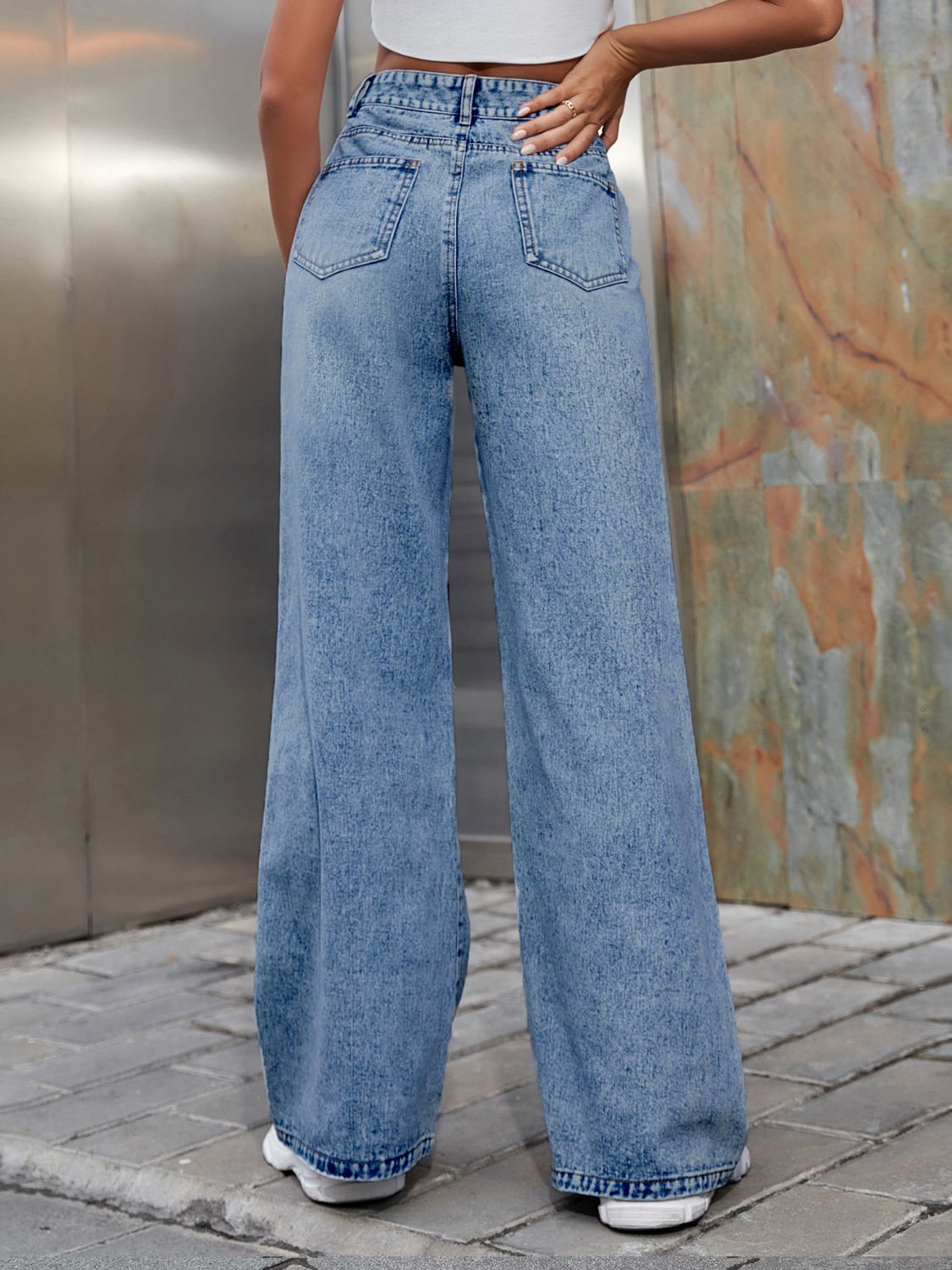 Distressed Wide Leg Jeans with Pockets-BOTTOMS SIZES SMALL MEDIUM LARGE-[Adult]-[Female]-2022 Online Blue Zone Planet