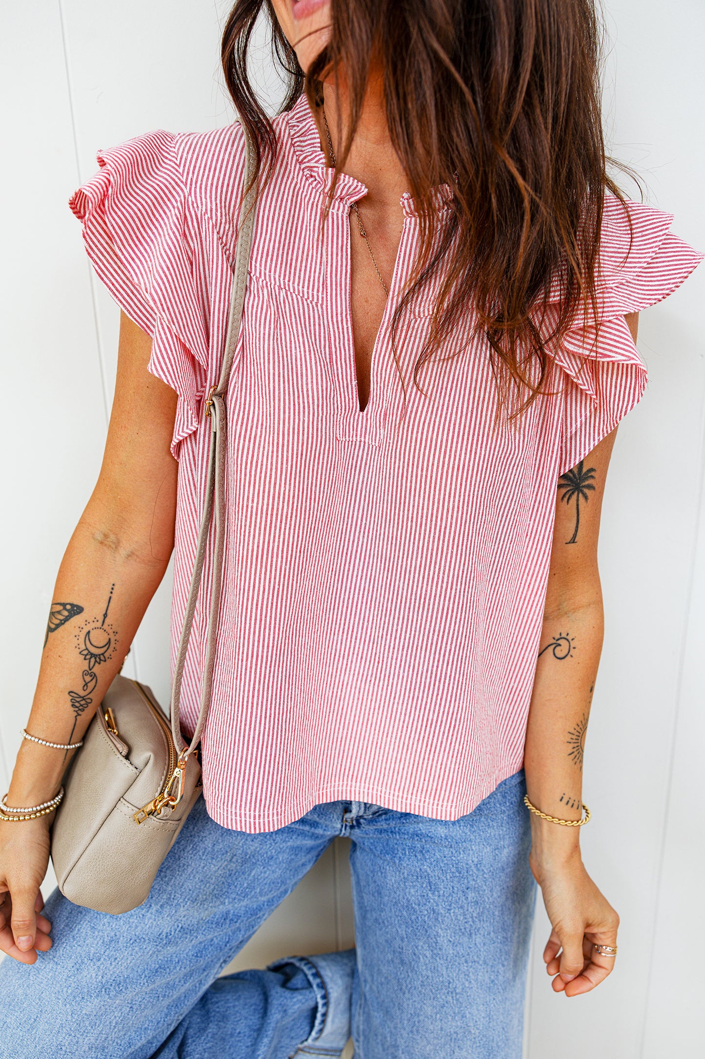 Red Stripe Frilly Split Neck Double Ruffled Short Sleeve Blouse-Tops/Blouses & Shirts-[Adult]-[Female]-2022 Online Blue Zone Planet