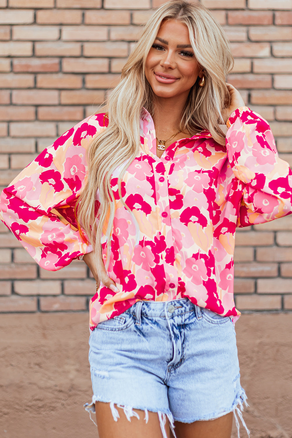 Pink Blooming Floral Print Puff Sleeve Buttoned Shirt-Tops/Blouses & Shirts-[Adult]-[Female]-Pink-S-2022 Online Blue Zone Planet