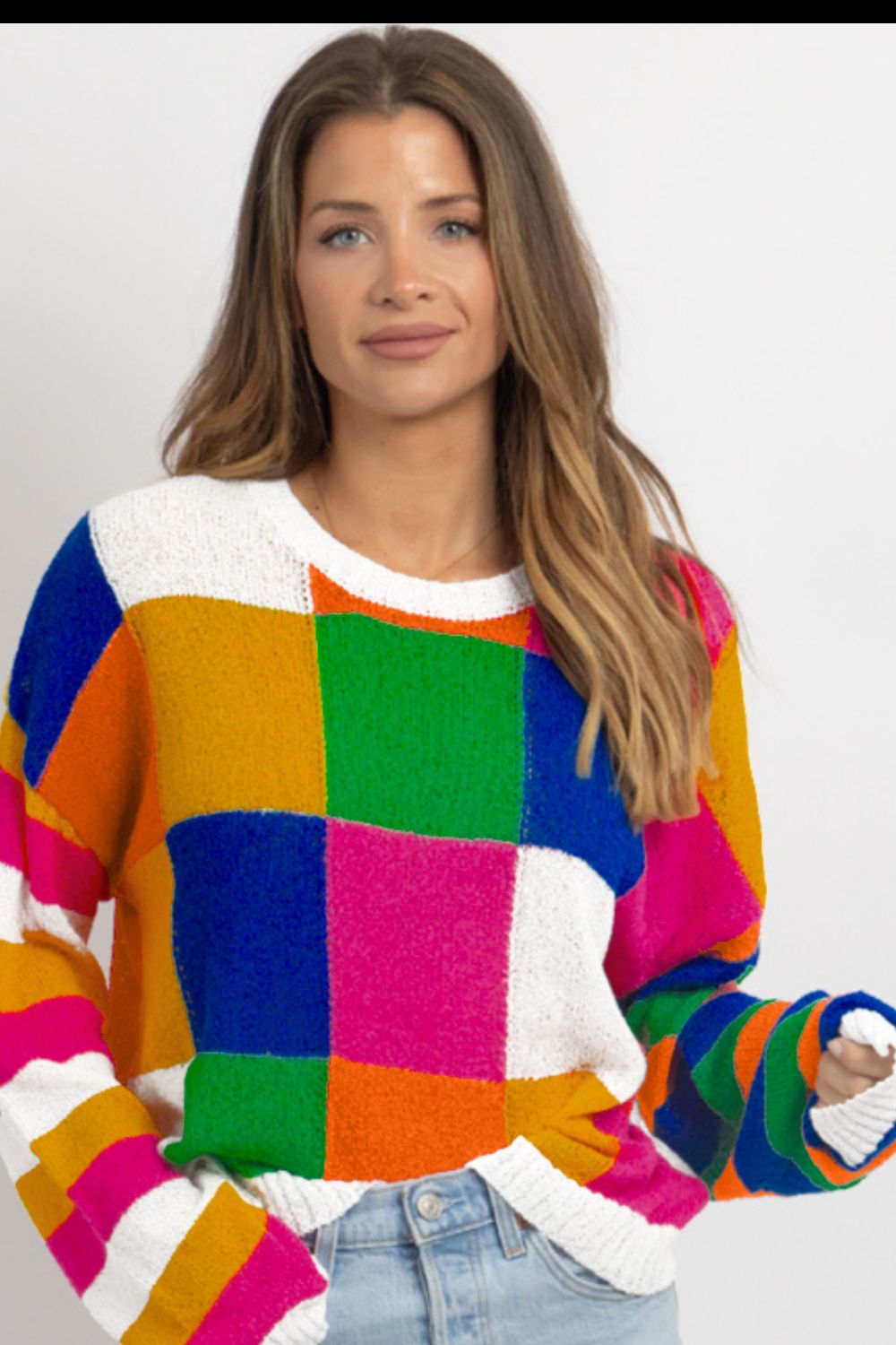 Blue Zone Planet | Color Block Round Neck Long Sleeve Sweater-TOPS / DRESSES-[Adult]-[Female]-2022 Online Blue Zone Planet