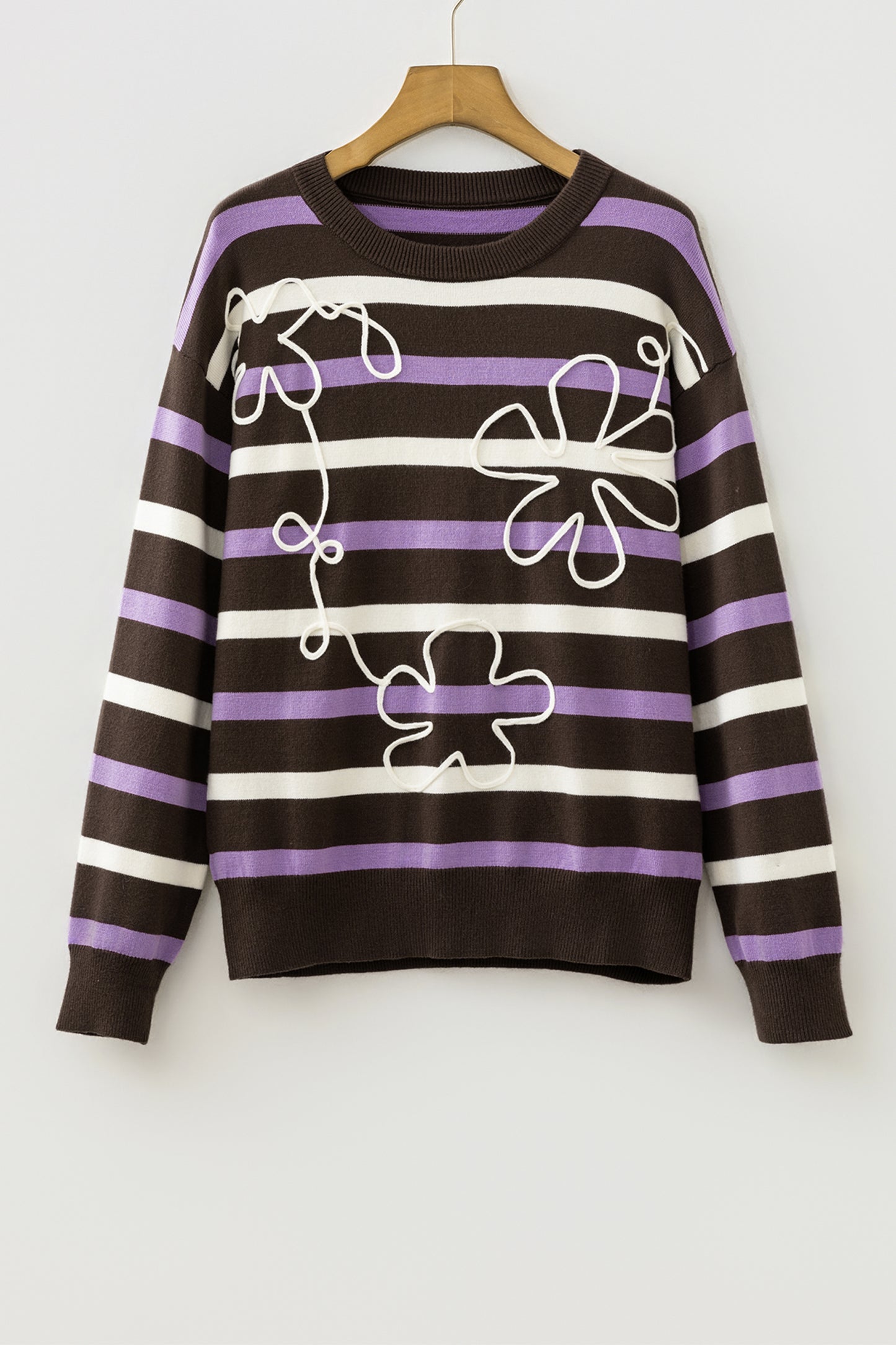 Brown Stripe Embroidered Detail Drop Shoulder Pullover Sweater-Sweaters & Cardigans/Sweaters-[Adult]-[Female]-2022 Online Blue Zone Planet