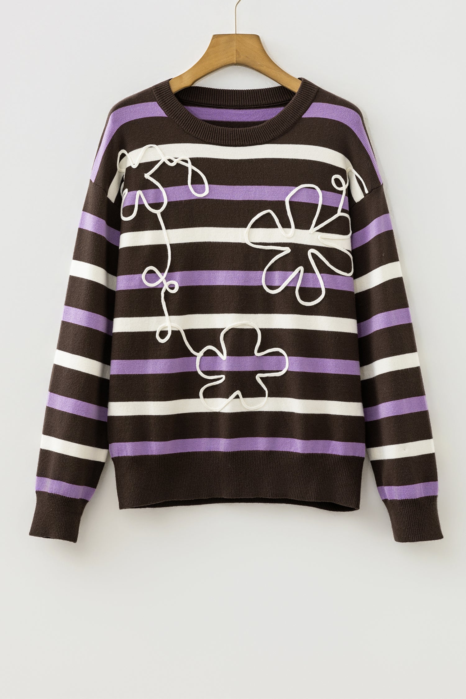 Brown Stripe Embroidered Detail Drop Shoulder Pullover Sweater-Sweaters & Cardigans/Sweaters-[Adult]-[Female]-2022 Online Blue Zone Planet