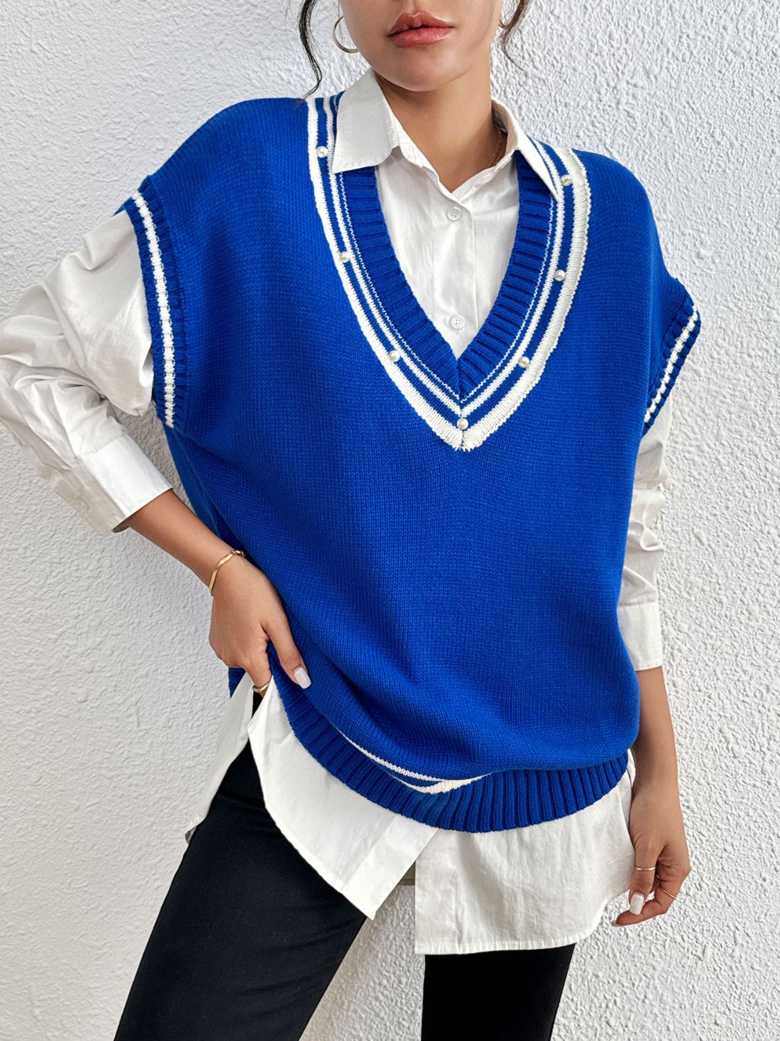 Pearl Trim Contrast V-Neck Sweater Vest-TOPS / DRESSES-[Adult]-[Female]-2022 Online Blue Zone Planet