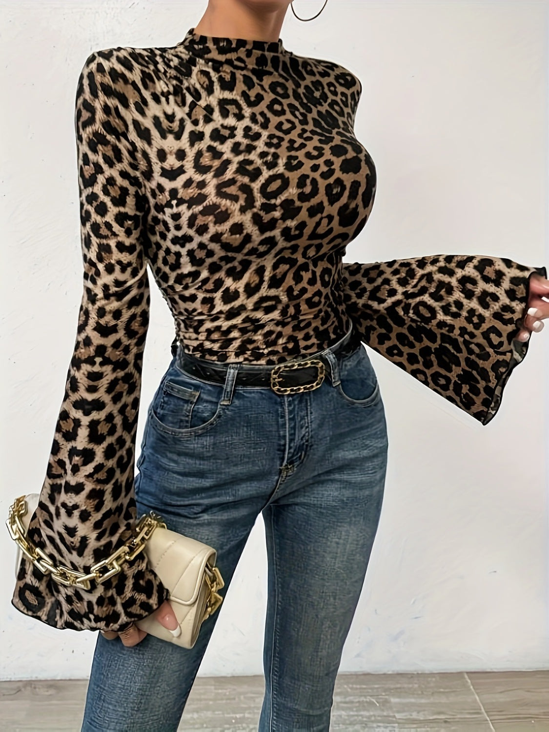 Leopard Mock Neck Flare Sleeve Top-TOPS / DRESSES-[Adult]-[Female]-2022 Online Blue Zone Planet