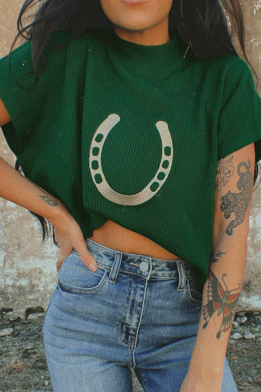Blackish Green Horseshoe Graphic Western Short Sleeve Sweater-TOPS / DRESSES-[Adult]-[Female]-Blackish Green-S-2022 Online Blue Zone Planet