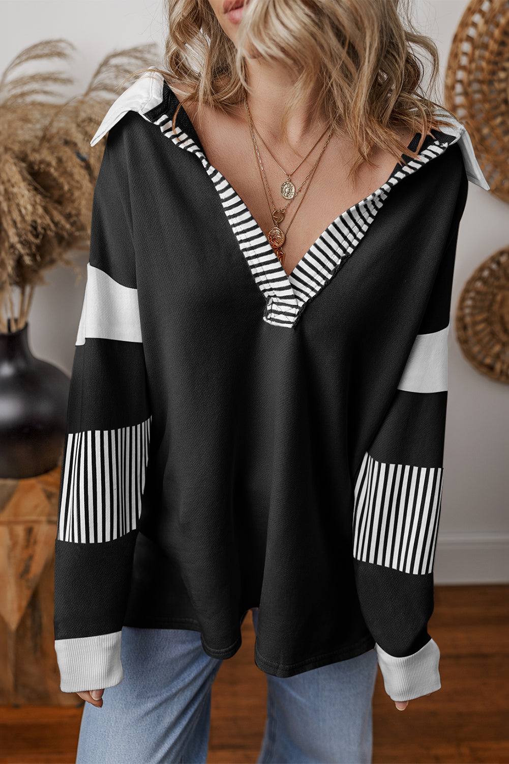 Sail Blue Striped Patchwork Collar Sweatshirt-Sweatshirts & Hoodies-[Adult]-[Female]-2022 Online Blue Zone Planet